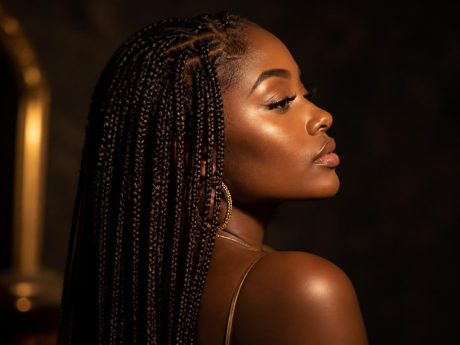Long, neatly finished knotless braids styled on a client, lit in warm gold tones