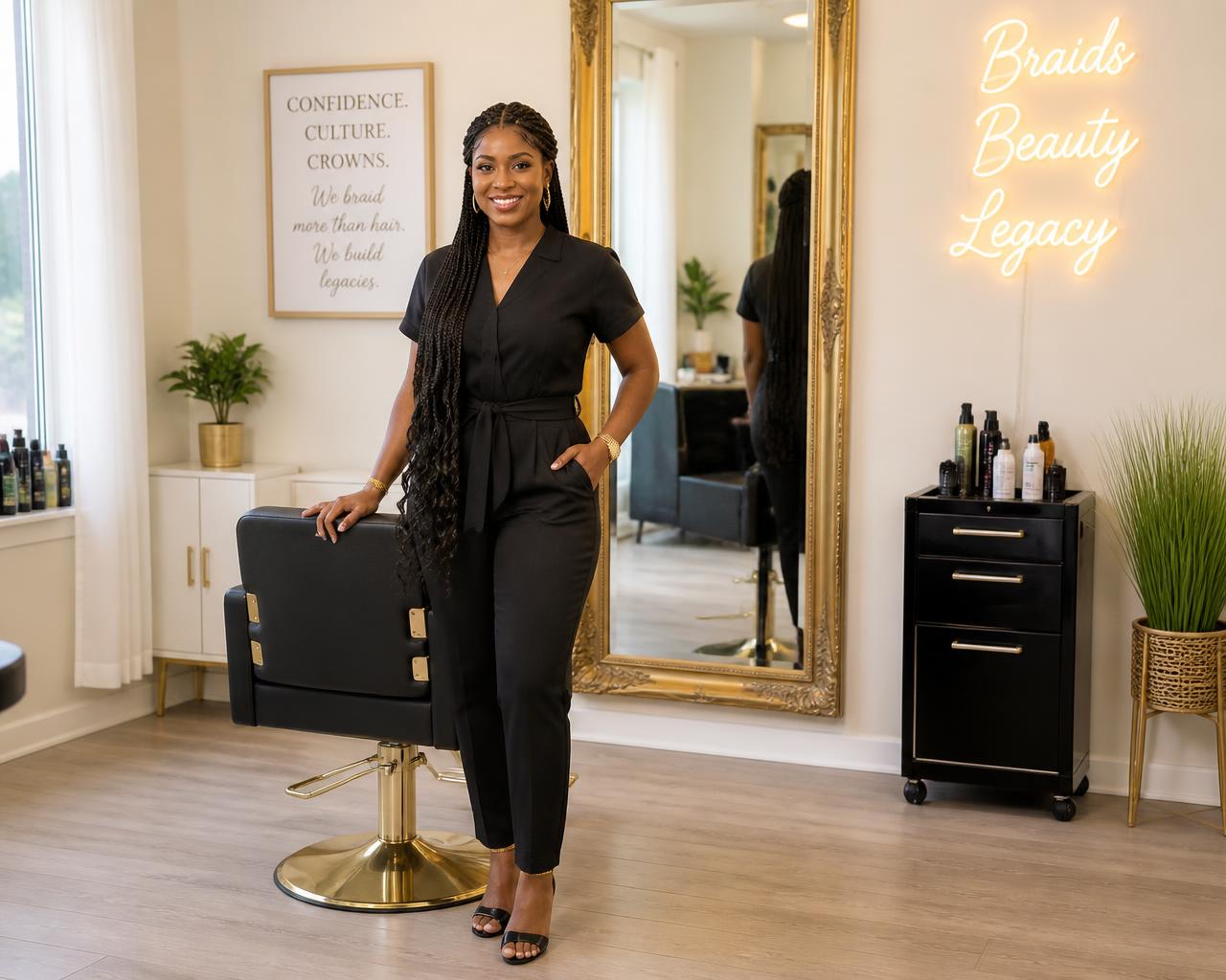 Bright, welcoming braiding salon interior with a styling chair and gold-framed mirror